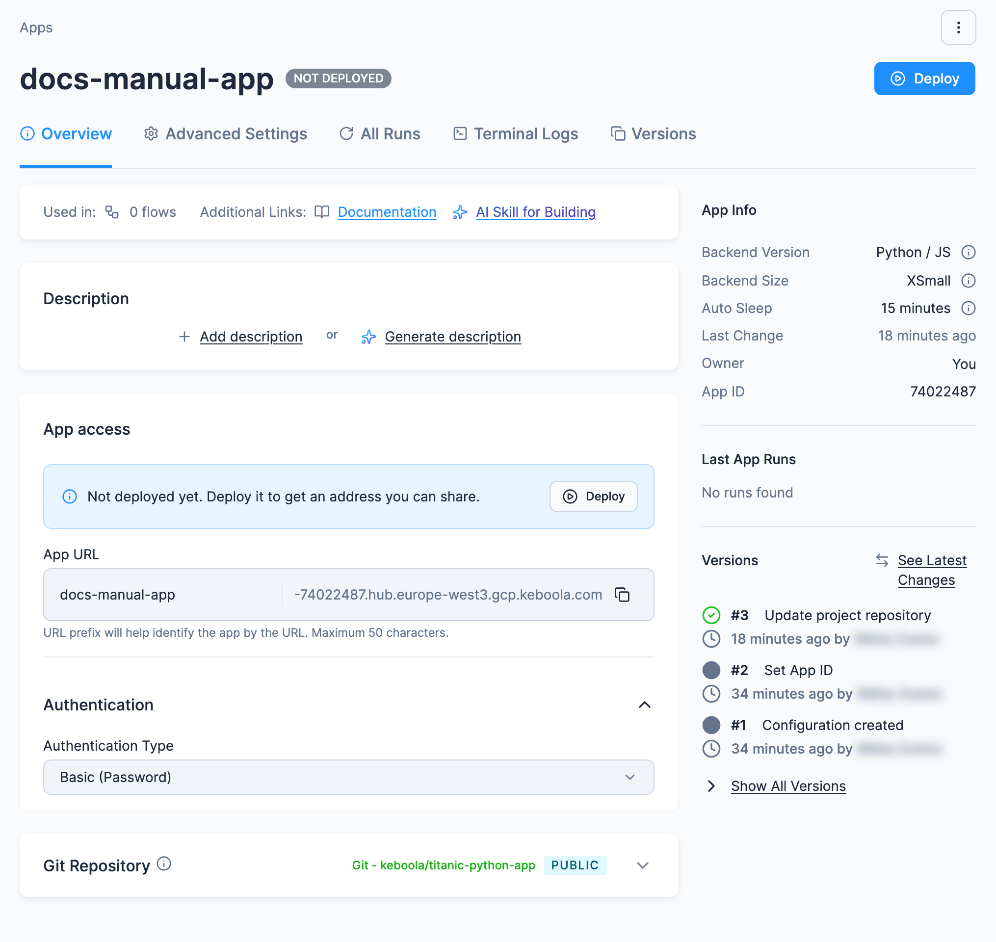 A new Python/JS app's Overview tab, marked Not Deployed, with Deploy in the header: the App access card with the App URL and Authentication, the Git Repository card with keboola/titanic-python-app connected, and the App Info panel